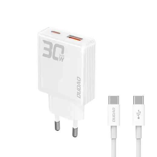 Dudao A30EUT tīkla lādētājs | 30W | GaN | USB-A, USB-C | USB-C uz USB-C vads komplektā | balts