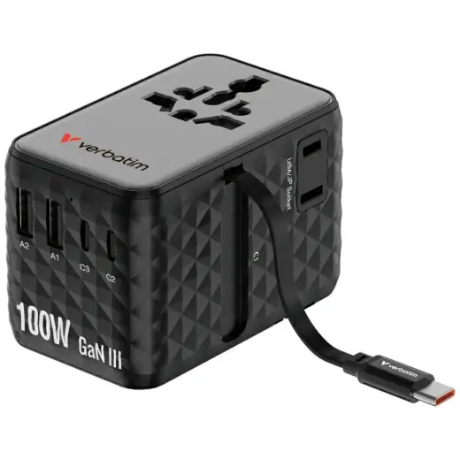 Verbatim Travel Adapter EU/UK/US GaN   2xUSB-C/2xUSB-A/1xUSB-C PD 100W black 30191