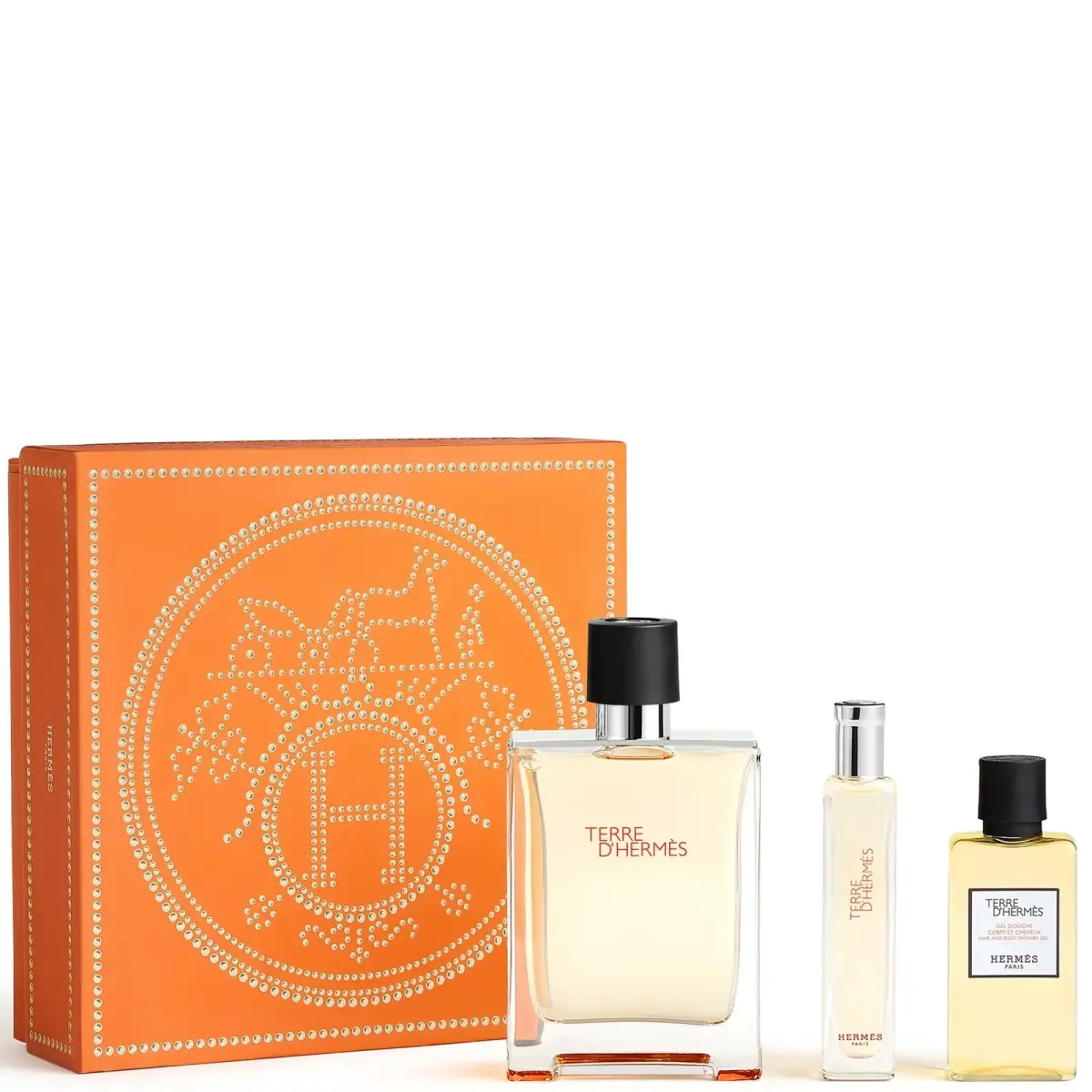 Terre D'hermes by Hermes EDT SPRAY 3.3 OZ & HAIR and BODY SHOWER GEL 1.35 OZ & EDT SPRAY 0.5 OZ MINI for MEN