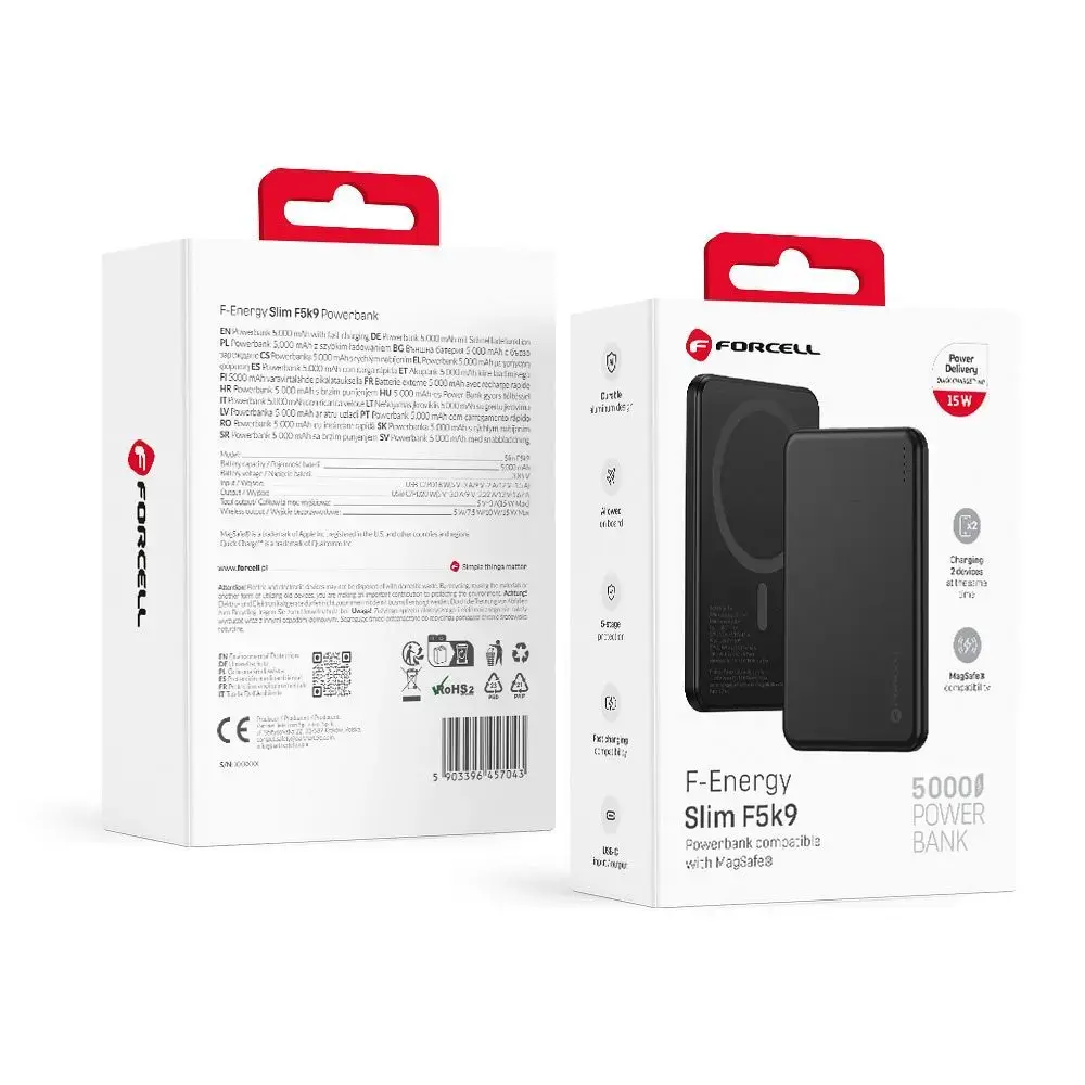 Powerbank compatible with MagSafe Forcell F-Energy Slim F5K9 QC4.0 PD3.0 15W 5000 mAh black