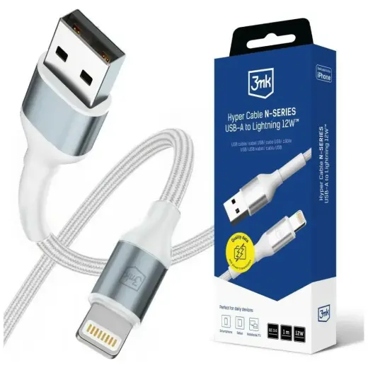 3MK Hyper N-SERIES duomenų perdavimo ir įkrovimo laidas | USB-A į Lightning | QC 3.0 | 12W | 1m | baltas