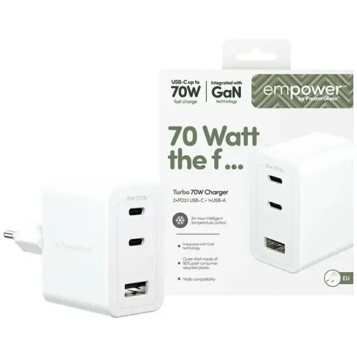 PanzerGlass Turbo tīkla lādētājs | 70W | USB-C, USB-A | sudraba-balts