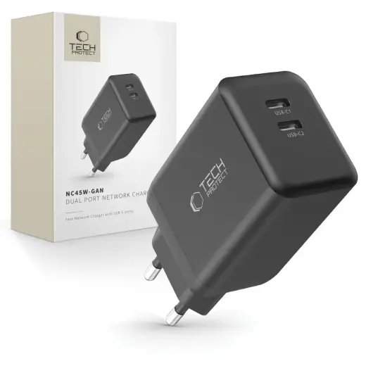 TECH-PROTECT NC45W tīkla lādētājs | 45W | GaN, PD | USB-C | melns