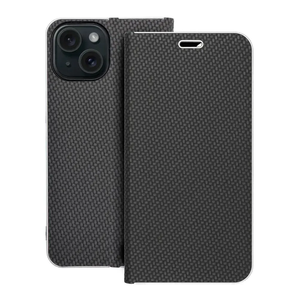 LUNA Book Carbon grāmatveida maciņš telefonam iPhone 15 melns