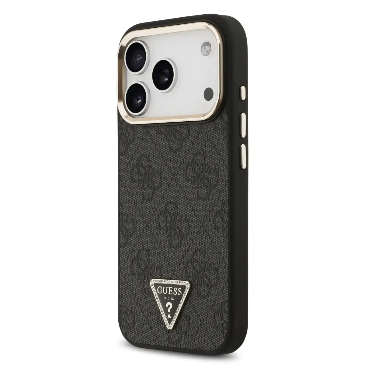 Guess PU Leather 4G Strass Triangle Logo Gold Frame MagSafe Case for iPhone 17 Pro Black