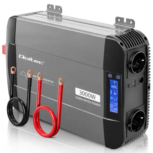 Qoltec Pure Sine Wave Inverter | 12V to 230V | 1500/3000W | LCD | USB | USC-C | Compatible with LiFePO4 GEL AGM