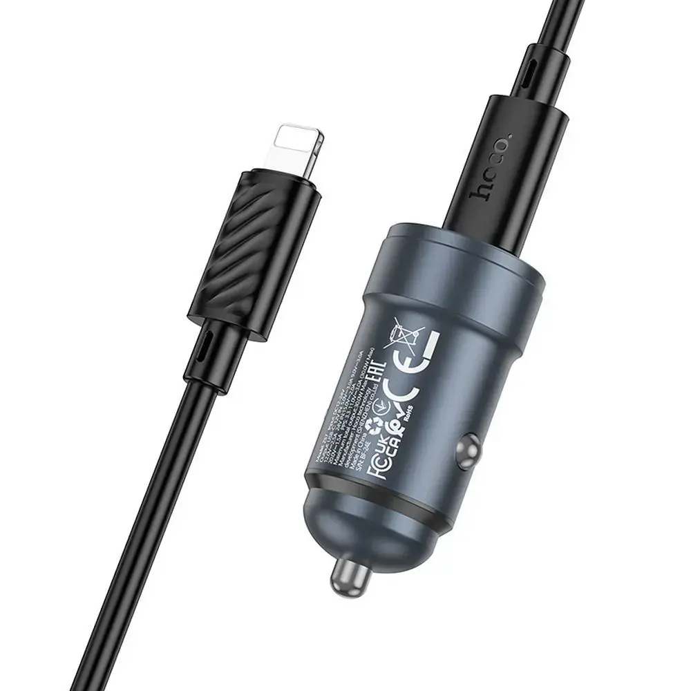HOCO Z57 auto lādētājs | 30W | PD, QC | USB-C | ar USB-C uz USB-C vadu komplektā | pelēks