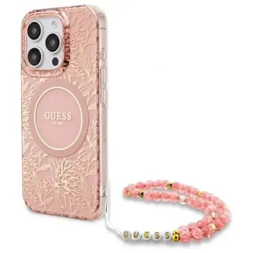 Guess GUHMP16XHCPOFPP iPhone 16 Pro Max   6.9" różowy|pink hardcase IML Flowers Allover Electro With Pearl Strap MagSafe