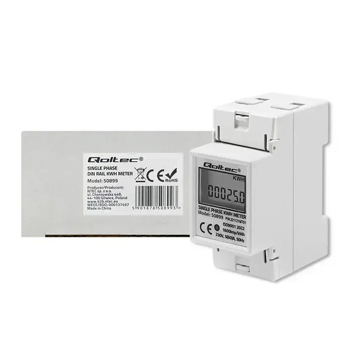 Qoltec Single phase electronic energy consumption meter | 230 V | LCD | 2P | DIN rail