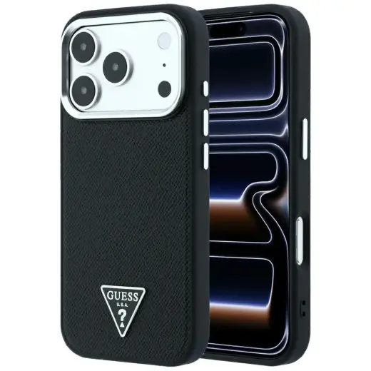 Guess Grained Triangle Logo maciņš ar MagSafe atbalstu telefonam iPhone 18 Pro | iPhone 17 Pro melns