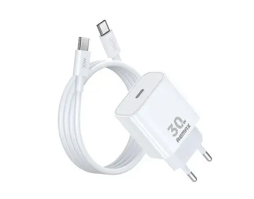 REMAX WALL CHARGER FIGEN SERIES 30W GaN RC-C021 USB-C+ USB-C/C CABLE 1M WHITE