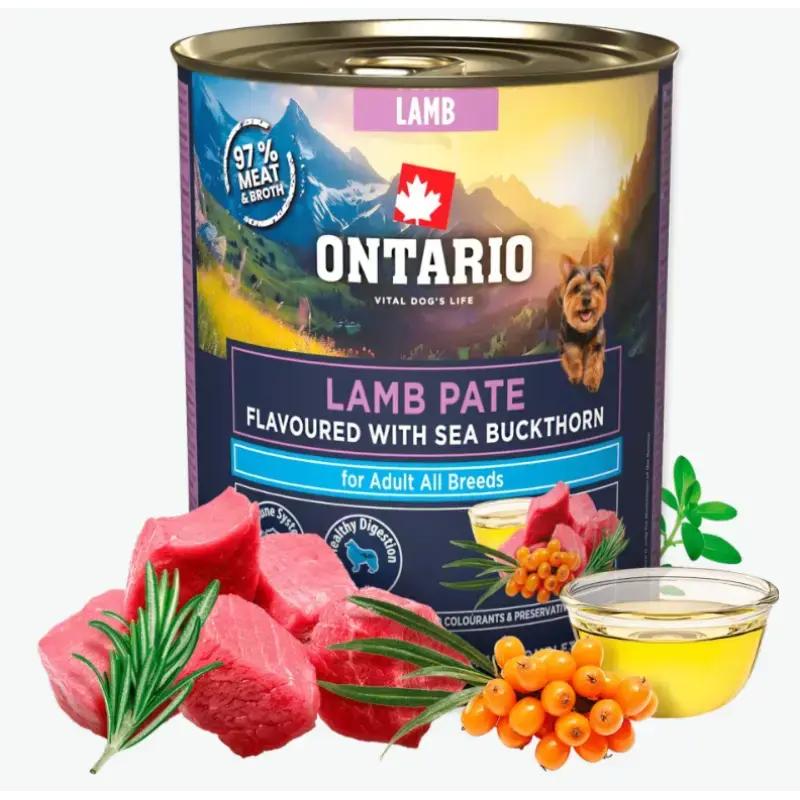 Konservi suņiem – Ontario Adult Lamb Pate Flavoured with Sea Buckthorn, 800 g