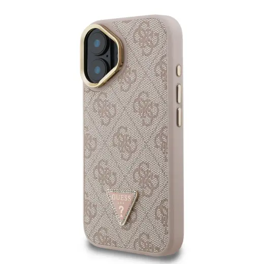 Guess PU 4G Strass Triangle Logo Stand Camera Frame MagSafe Case for iPhone 16 Pink