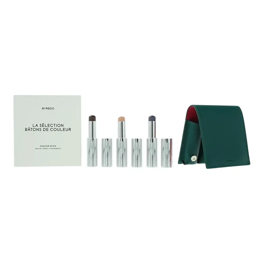 Deep Teal Set Byredo: Colour Stick, Multifunctional, Eyeshadow Stick, 509, Solar Flare, 3.5 g + Colour Stick, Multifunctional, Eyeshadow Stick, Kumato Face, 3.5 g + Colour Stick, Multifunctional, Eyeshadow Stick, Flower Play, 3.5 g + Byredo, GWP Leather Pouch