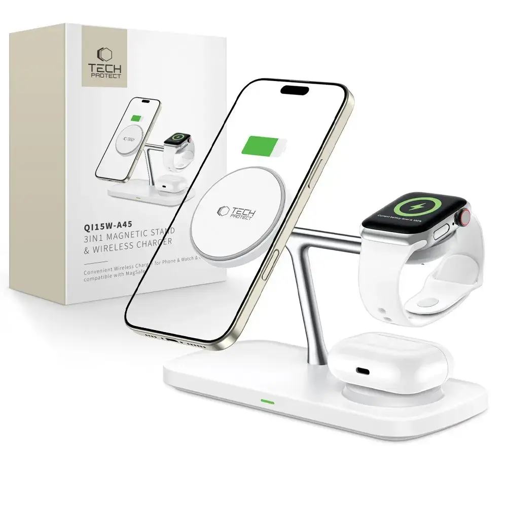 Tech-Protect QI15W-A45 3-in-1 bezvadu lādētājs | Qi | Saderīgs ar MagSafe | 15W | balts