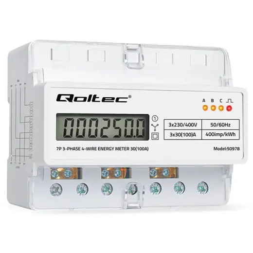 Qoltec Three-phase electronic meter | energy consumption meter for DIN rail | 400V | 100A | LCD | LED | 7P