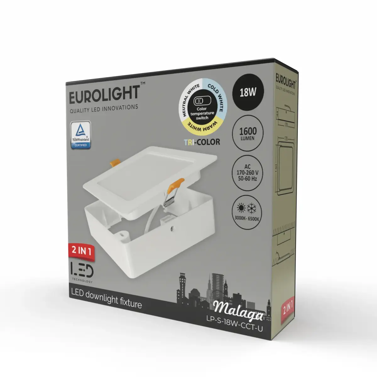 MALAGA LED panelė, kvadratinė,  universali 18W 85lm/W CRI80+ CCT Eurolight
