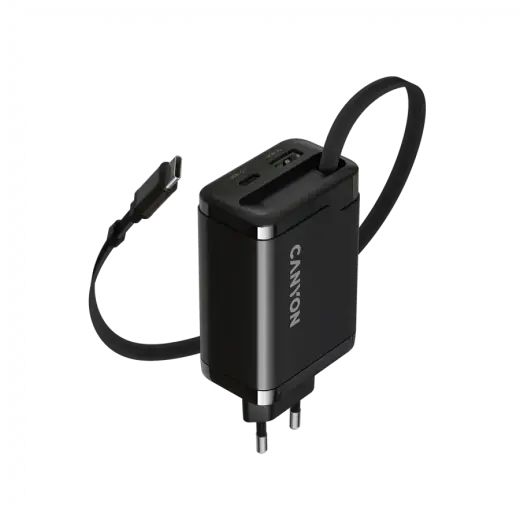 CANYON charger OnCharge 65RC Build-In Cable USB-C 65W 1xPD 1xQC EU Black