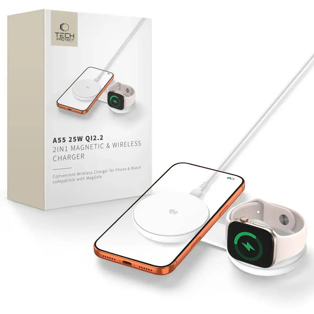 TECH-PROTECT A55 2IN1 MAGNETIC MAGSAFE WIRELESS CHARGER 25W QI2.2 WHITE