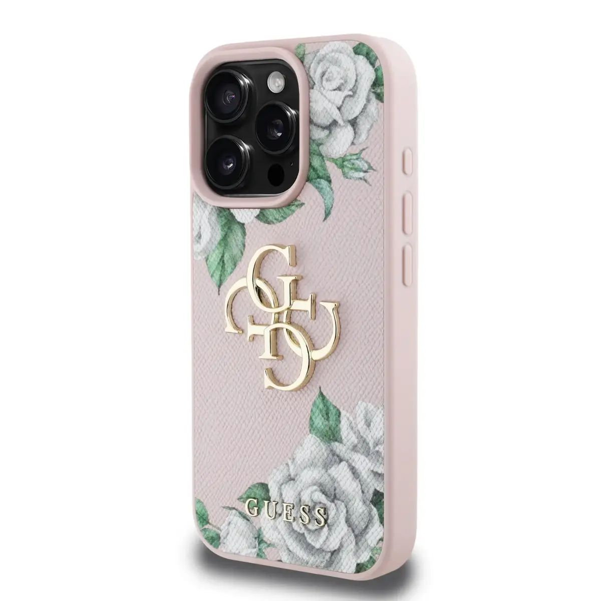 Guess PU Grained Roses 4G Metal Logo telefona maciņš iPhone 16 Pro Pink