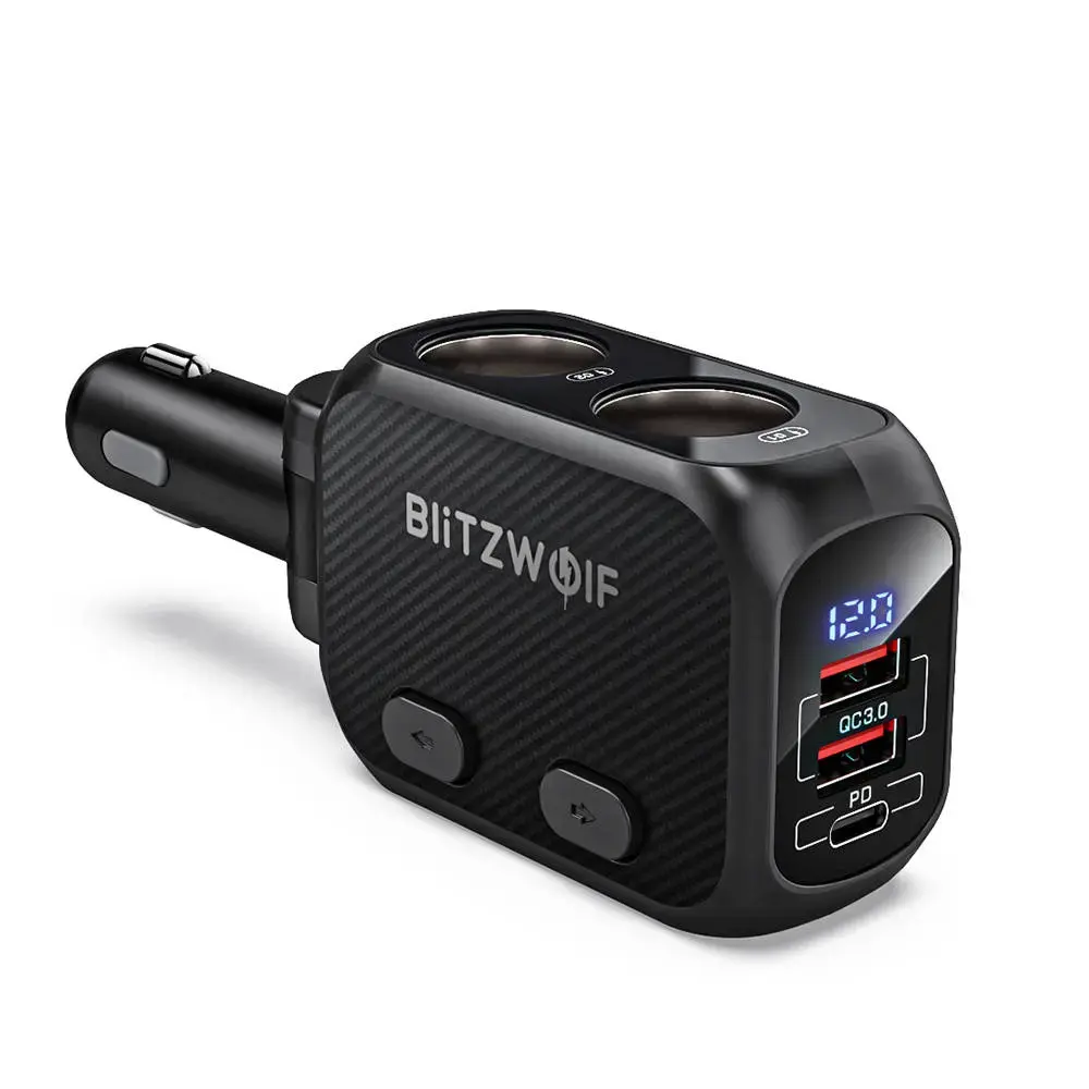 BlitzWolf BW-CLA1 Dual Cigarette Lighter Splitter, 2xUSB, USB-C, 150W (black)