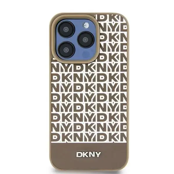 DKNY Leather Printed Pattern Metal Logo MagSafe Case for iPhone 15|14|13 - Brown