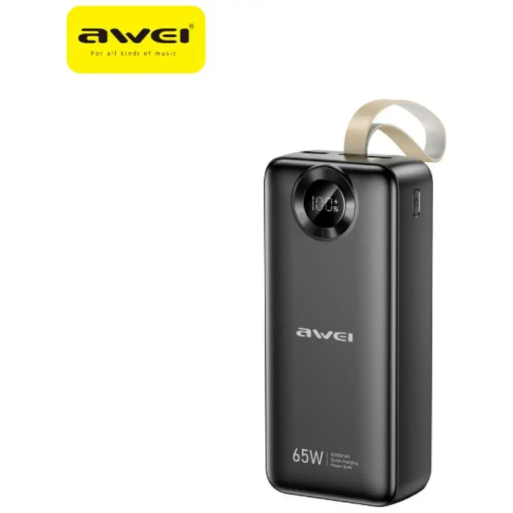 Awei PA-34 ārējais akumulators (powerbank) | 30000 mAh | 65W | USB-A, USB-C | LED ekrāns | melns