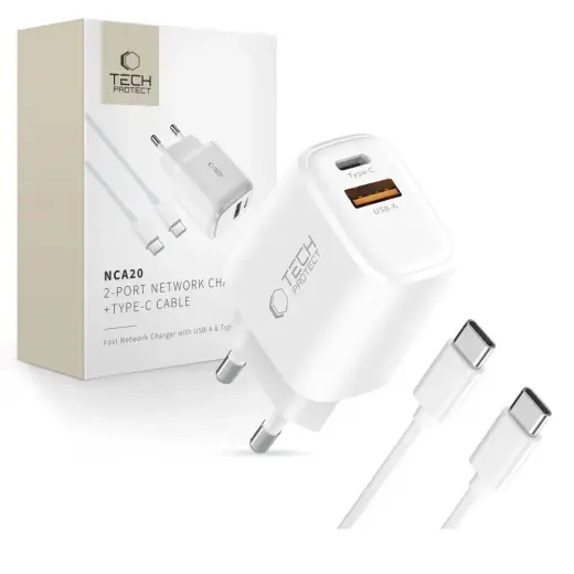 Tech-Protect NCA20 tīkla lādētājs | 20W | PD, QC | USB-A, USB-C | ar USB-C uz USB-C vadu komplektā | balts