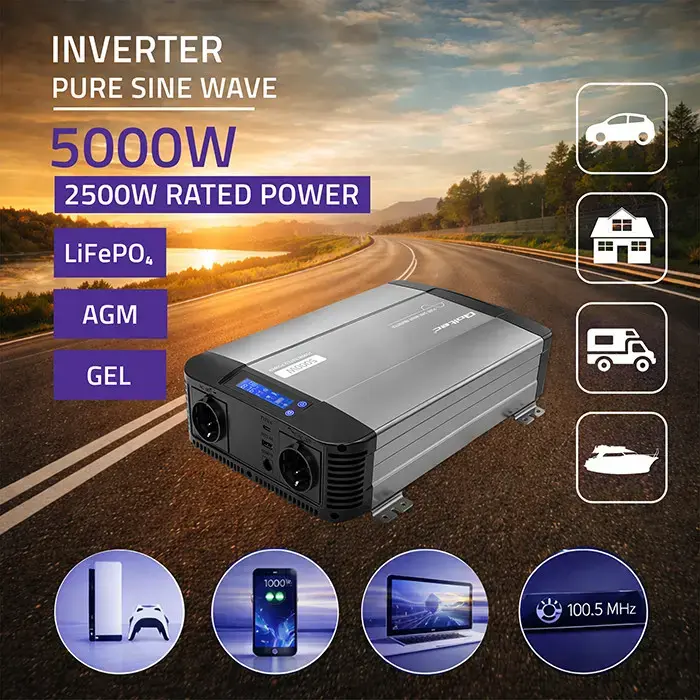Qoltec Pure Sine Wave Inverter | 12V to 230V | 2500/5000W | LCD | USB | USC-C | Compatible with LiFePO4 GEL AGM