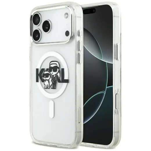 Karl Lagerfeld IML Glitter Karl & Choupette Sketch Logo MagSafe Case for iPhone 17 Pro Max Clear