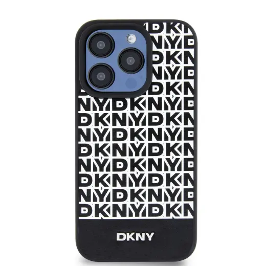 DKNY PU Leather Repeat Pattern Bottom Stripe MagSafe Case for iPhone 13 Pro Black