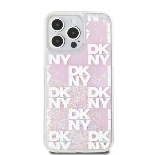 DKNY Liquid Glitter Checkered Pattern Case for iPhone 15 Pro Max Pink