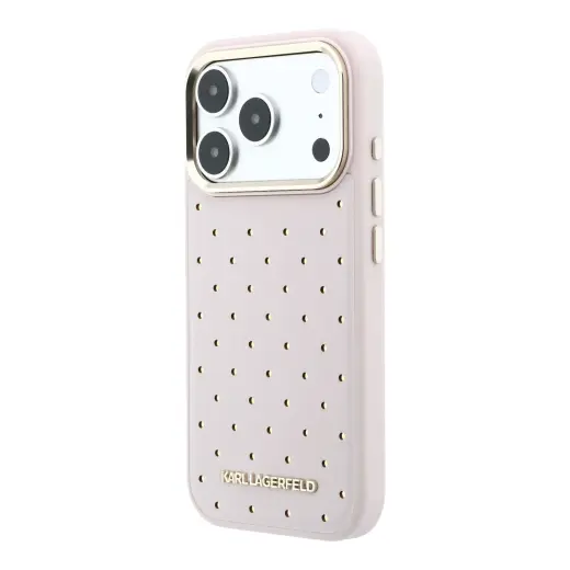 Karl Lagerfeld PU Perforated Gold Dots telefono dėklas su MagSafe palaikymu iPhone 17 Pro rožinis