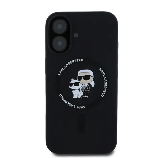 Karl Lagerfeld Liquid Silicone Karl and Choupette maciņš ar MagSafe atbalstu telefonam iPhone 16 melns