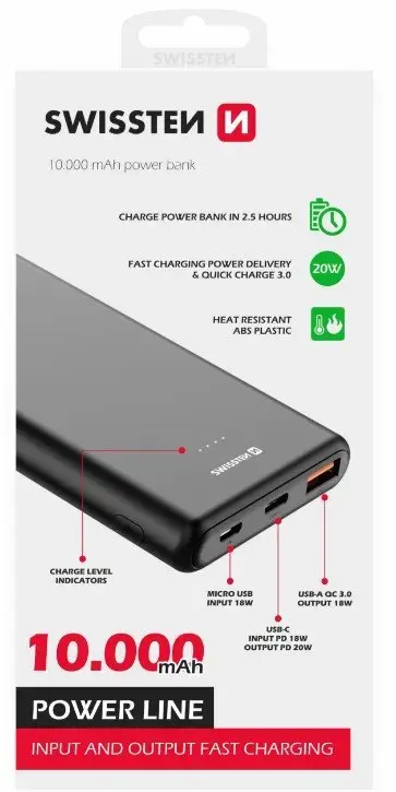 Swissten external battery (powerbank) | 10000 mAh | 20W | black