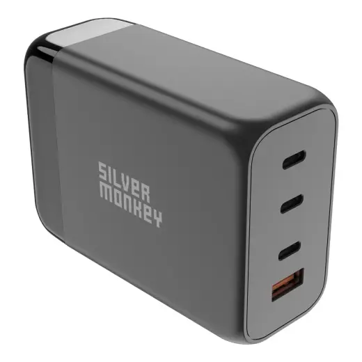 Silver Monkey SMA155 tīkla lādētājs | 200W | GaN, PD, QC 3.0 | USB-C, USB-A | ar noņemamu strāvas vadu komplektā | melns