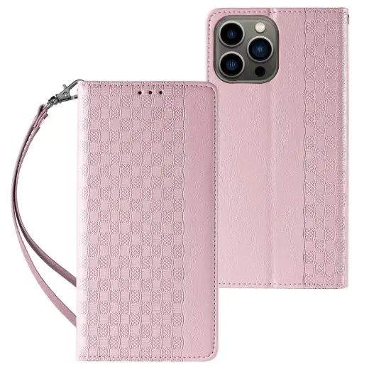 Magnet Strap knyginio tipo telefono dėklas su stovu iPhone 14 Pro Max rožinis