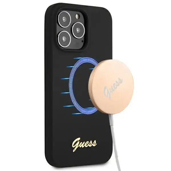 Guess GUHMP13LLSLMGBK iPhone 13 Pro | 13 6,1" black|czarny hardcase Silicone Script Gold Logo MagSafe