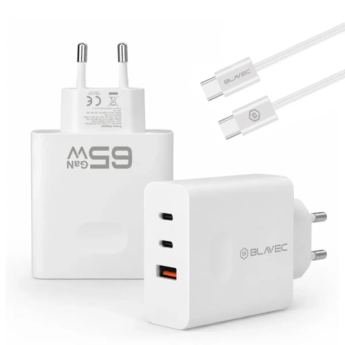 Blavec Wall charger BC-11 GaN - USB + 2xType C - QC PD 65W 3A with Type C to Type C cable (TCBC11G-U2CW653A) white