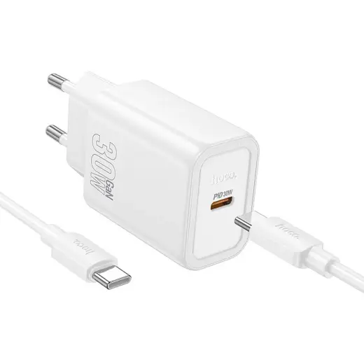 HOCO N62 travel charger | 30W | PD, QC | USB-C | with USB-C to USB-C cable included | white