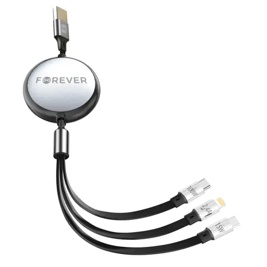 Forever data transfer and charging cable | USB-A to USB-C, USB-C, Lightning | 100W | 1.2m | black