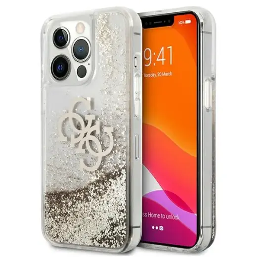 GUHCP13LLG4GGO Guess TPU Big 4G Liquid Glitter Gold Case for iPhone 13 Pro Transparent