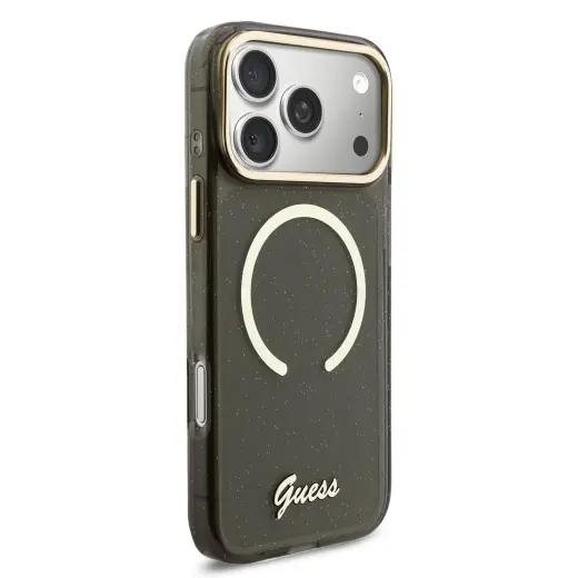 Guess IML Glitter Script Strap maciņš ar MagSafe atbalstu telefonam iPhone 17 Pro Max melns