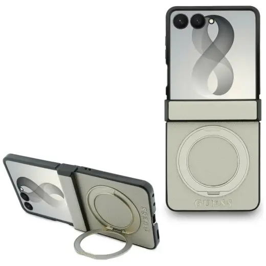Guess Grained Classic Logo maciņš ar statīvu un MagSafe atbalstu telefonam Samsung Galaxy Z Flip8 bēšs