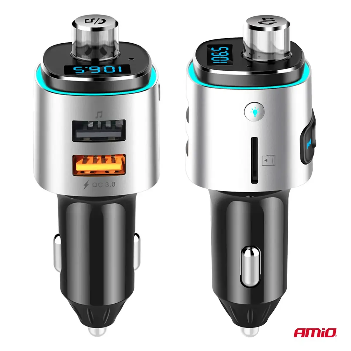 Car FM Transmitter 2×USB-A microSD 12V 24V AMIO-04654