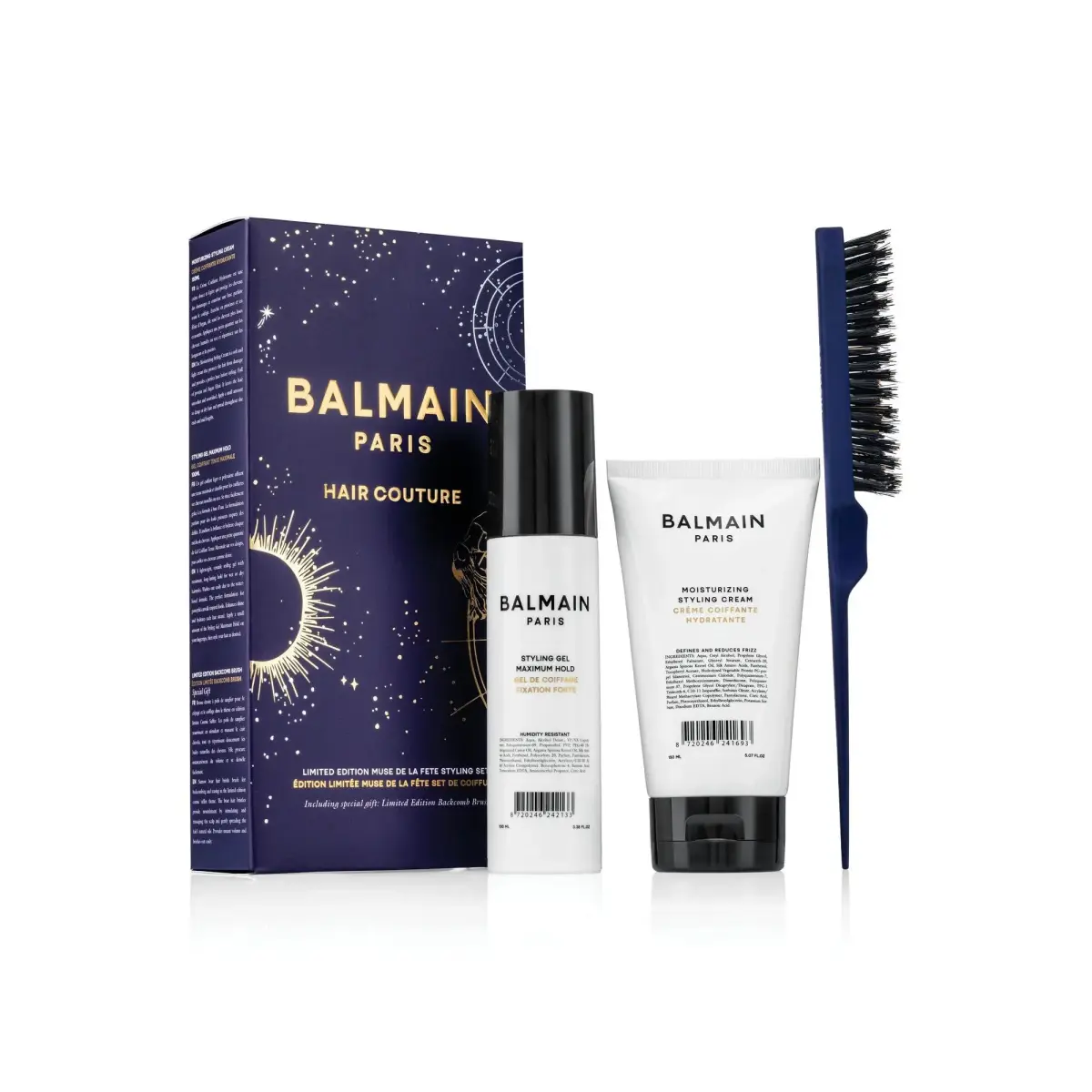 Set Balmain Professionnel: Balmain Professionnel, Panthenol, Hair Styling Gel, For Styling, Strong Hold, 100 ml + Moisturizing, Hair Styling Cream, 150 ml + Backcomb, Hair Brush