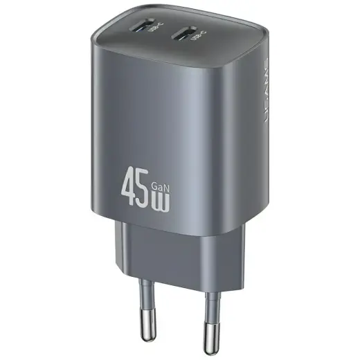 USAMS CC305 T66 tīkla lādētājs | 45W | GaN | 2xUSB-C | pelēks