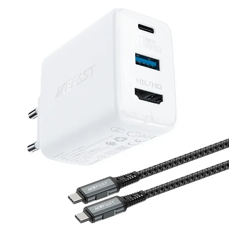 Acefast A17 tīkla lādētājs | 65W | GaN | USB-C, USB-A | USB-C uz USB-C vads komplektā | balts