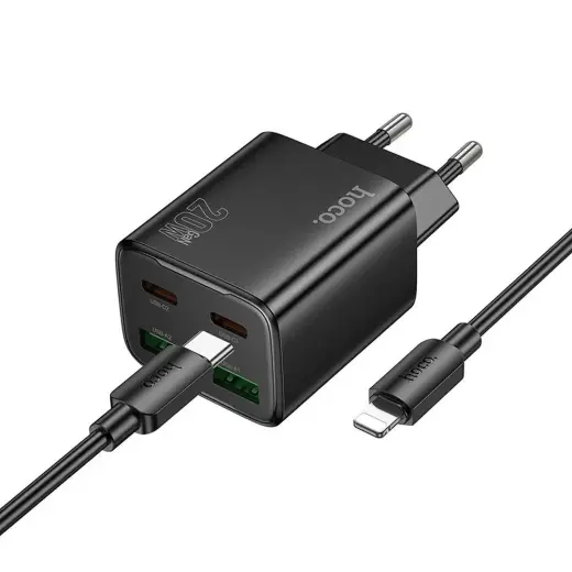 Зарядное устройство HOCO N55 | 20W | PD, QC, PPS | USB-C, USB-A | с кабелем USB-C на Lightning в комплекте | чёрное