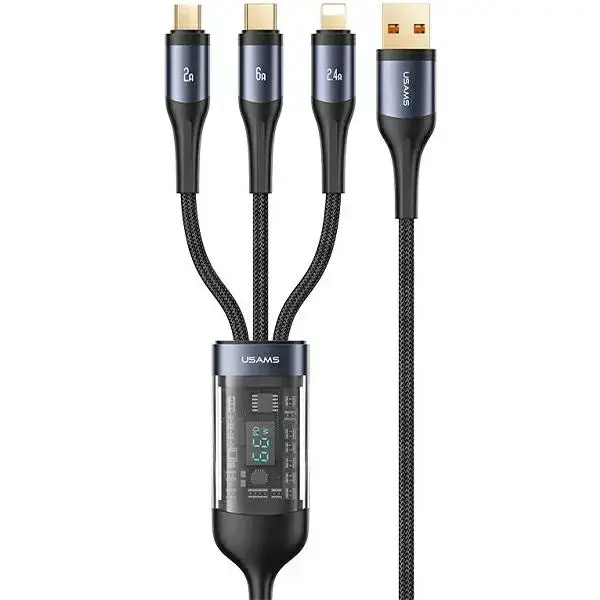 USAMS SJ582USB01 3-in-1 data transfer and charging cable | USB-A to Lightning, Micro USB, USB-C | 66W | with LED display | 1.2m | black